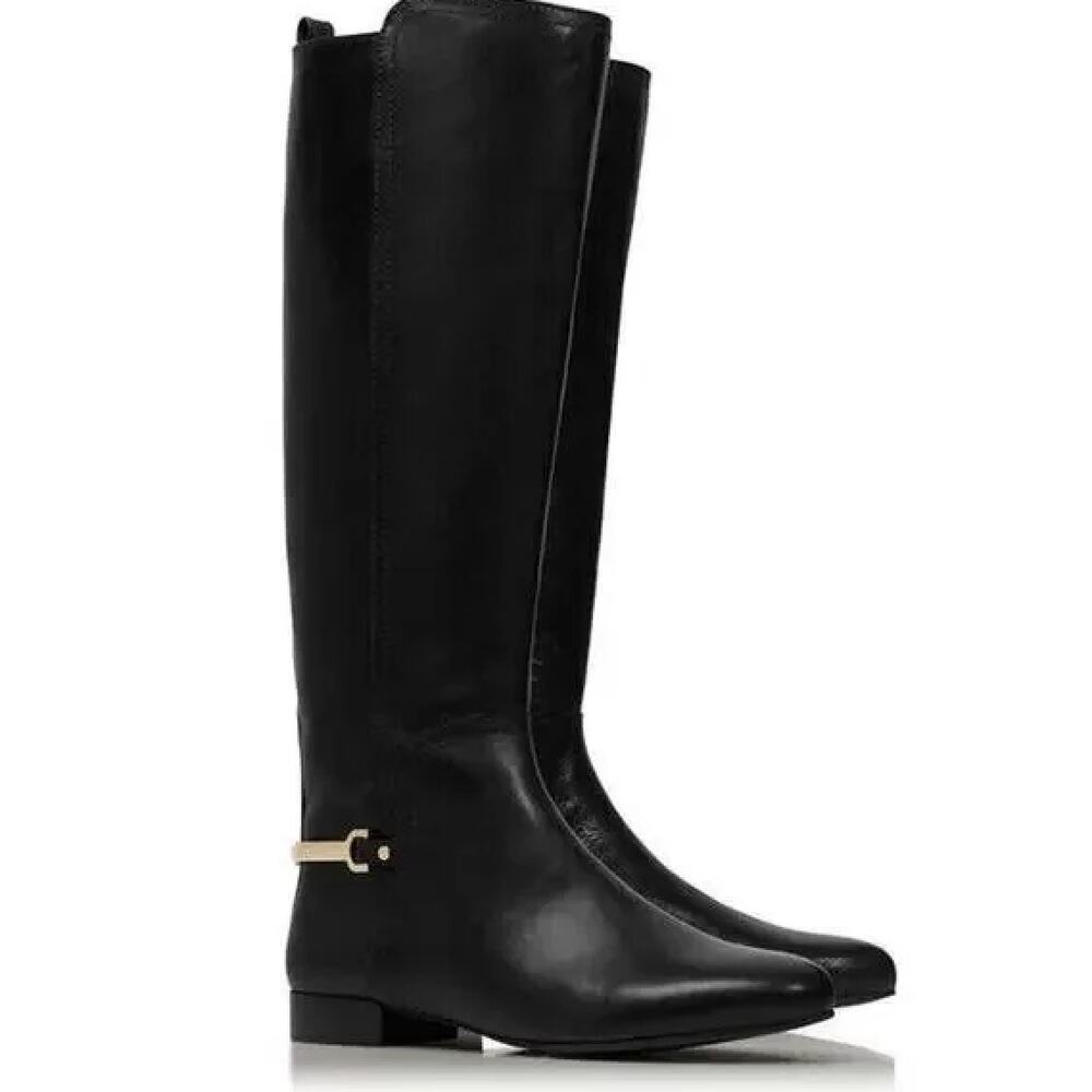 Tory Burch Tall Black Leather Riding Boots Horsebit Heel Logo Hardware Size 5